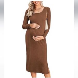 Maternity Long Sleeve Rib Knit Brown Dress